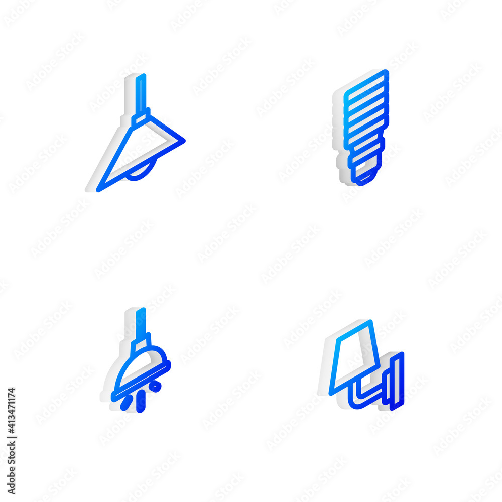 Set Isometric line LED light bulb, Lamp hanging, Chandelier and Wall lamp or sconce icon. Vector. Set Isometric line LED light bulb, Lamp hanging, Chandelier and Wall lamp or sconce icon. Vector.