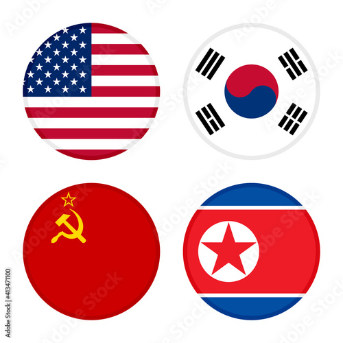 flag icon set of united states, south korea, soviet union and north korea. isolated on white background

