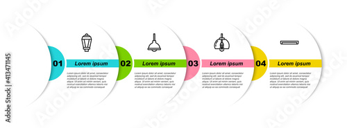 Set line Garden light lamp, Lamp hanging, Chandelier and Fluorescent. Business infographic template. Vector.