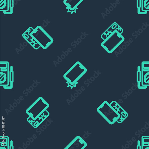 Set line Shockproof phone, Mobile with broken screen and Multimeter on seamless pattern. Vector.