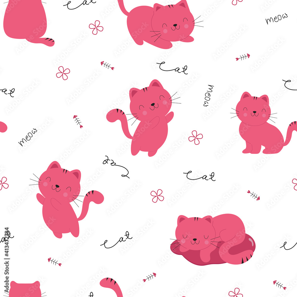 Cute cat seamless pattern with hand-drawn word