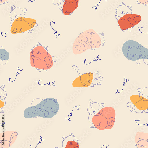 Seamless pattern of hand-drawn cat and abstract shape.