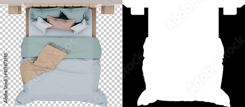 Bed top view isolated on background with mask. 3d rendering - illustration