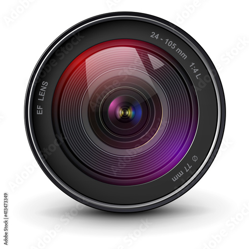 Camera photo lens, front view, realistic 3D vector icon.