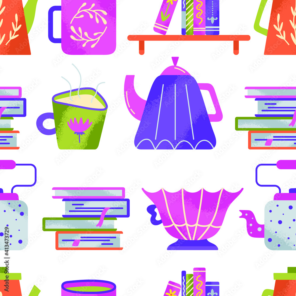Seamless vector pattern with books. tea and flowers. Spring background Seamless vector pattern with books. tea and flowers. Spring background
