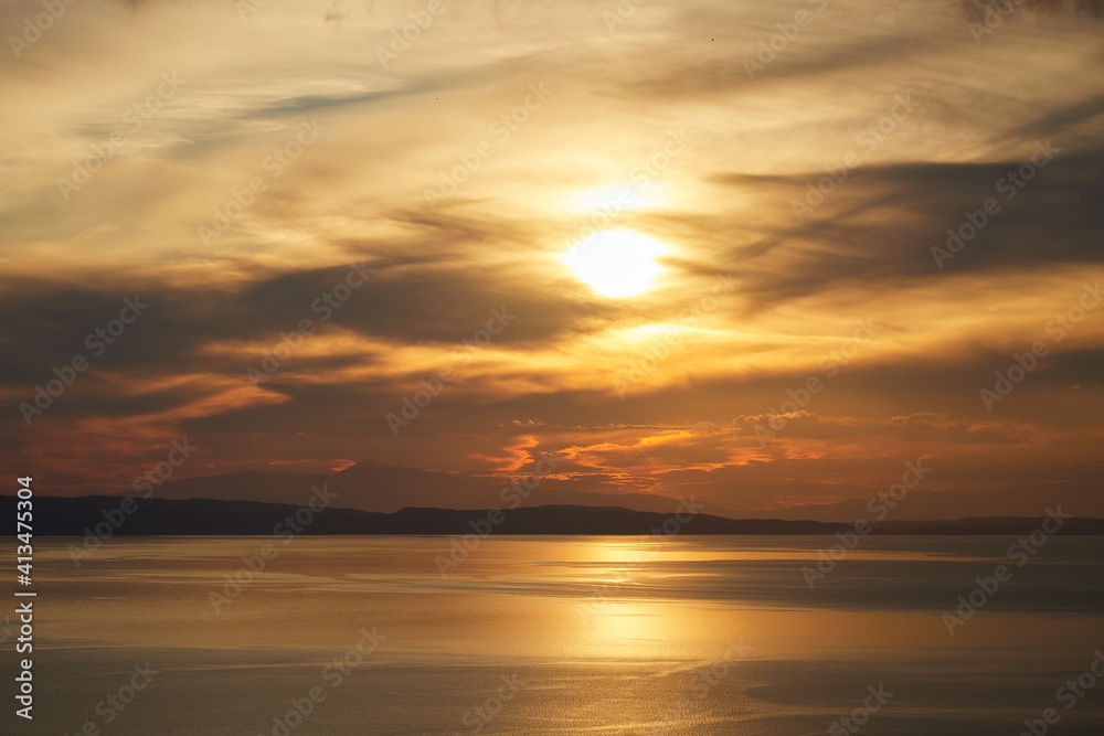 Golden sunset in Prathenonas, Sythonia with view to Cassandra - Halkidiki, Greece