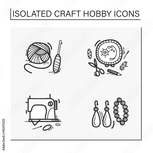 Craft hobby set hand drawn icons. Handmade and homemade concept. Consist of sewing, crochet basics, handmade accessories, aesthetic embroidery. Isolated sketch vector illustrations