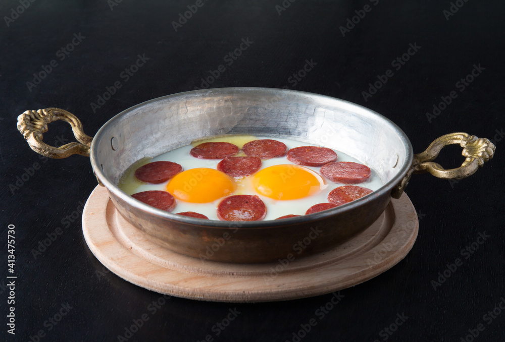 Fried egg with sausage on a black background Fried egg with sausage on a black background