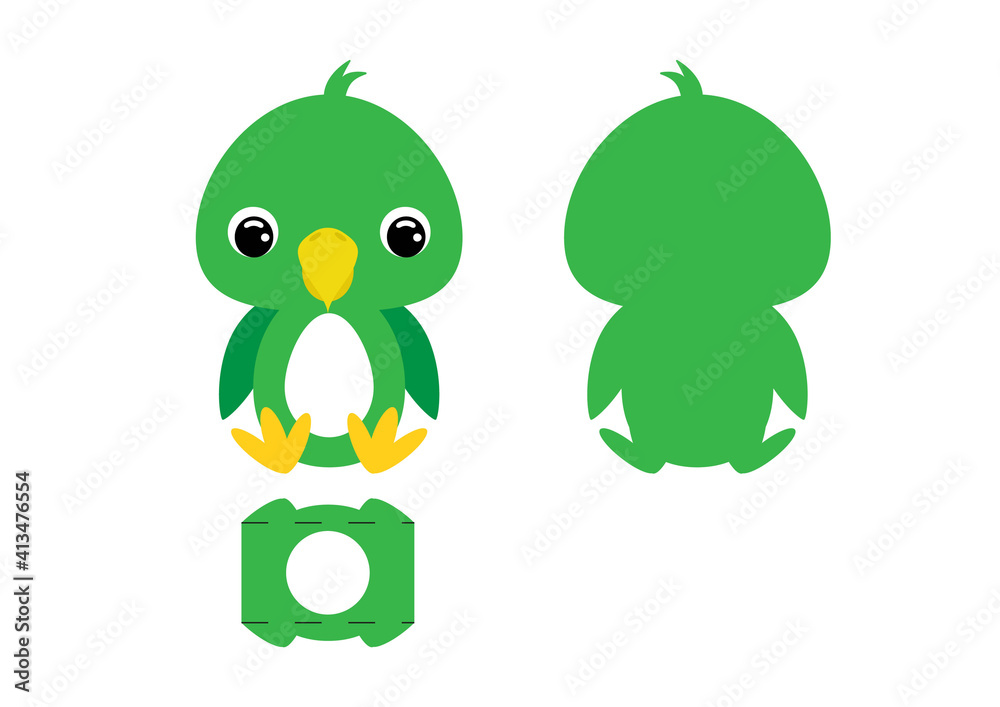 Obraz premium DIY cute parrot chocolate egg holder template. Retail paper box for the easter egg. Printable color scheme. Laser cutting vector template. Isolated packaging design illustration.