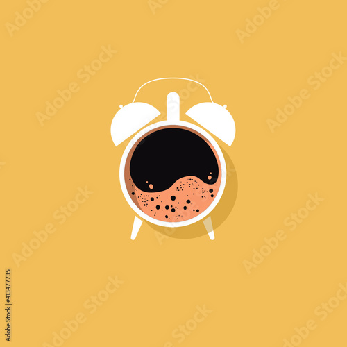 Coffee cup alarm clok. Vector illustration in minimalistic style. Concept for banner, poster, card, design.