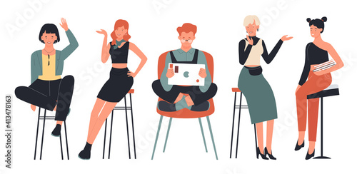 People sitting on chairs vector illustration set. Cartoon friend student and teacher characters sit on high bar stools and communicate, young man and woman talking and waving isolated on white