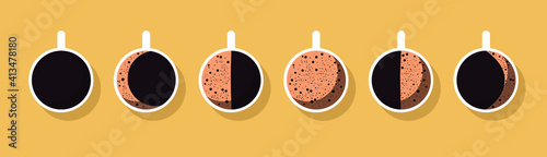 Moon phases in the form of coffee cups. Vector illustration in minimalistic style. Concept for banner, poster, card, design.
