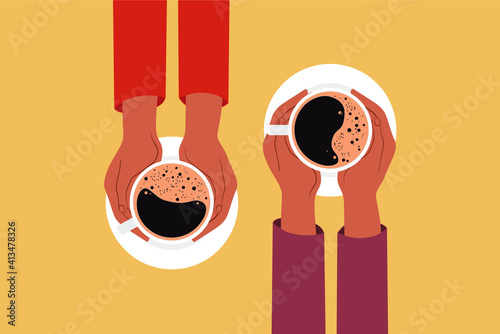 Two hands holding coffee cup. Vector illustration in flat style.
