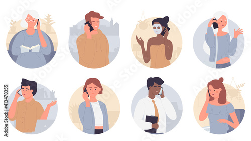 People talk on phone illustration set. Cartoon flat man woman characters talking with family, friends or business partner, cellphone conversation or mobile dialogue collection background