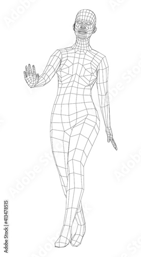 Wireframe walking woman. Vector