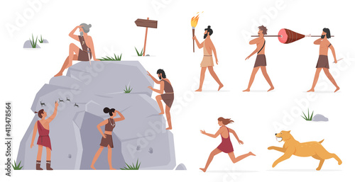 Primal tribe people vector illustration set. Cartoon primitive caveman character standing with cave and painting, tribesman warriors carry meat from hunt, running away from tiger isolated on white