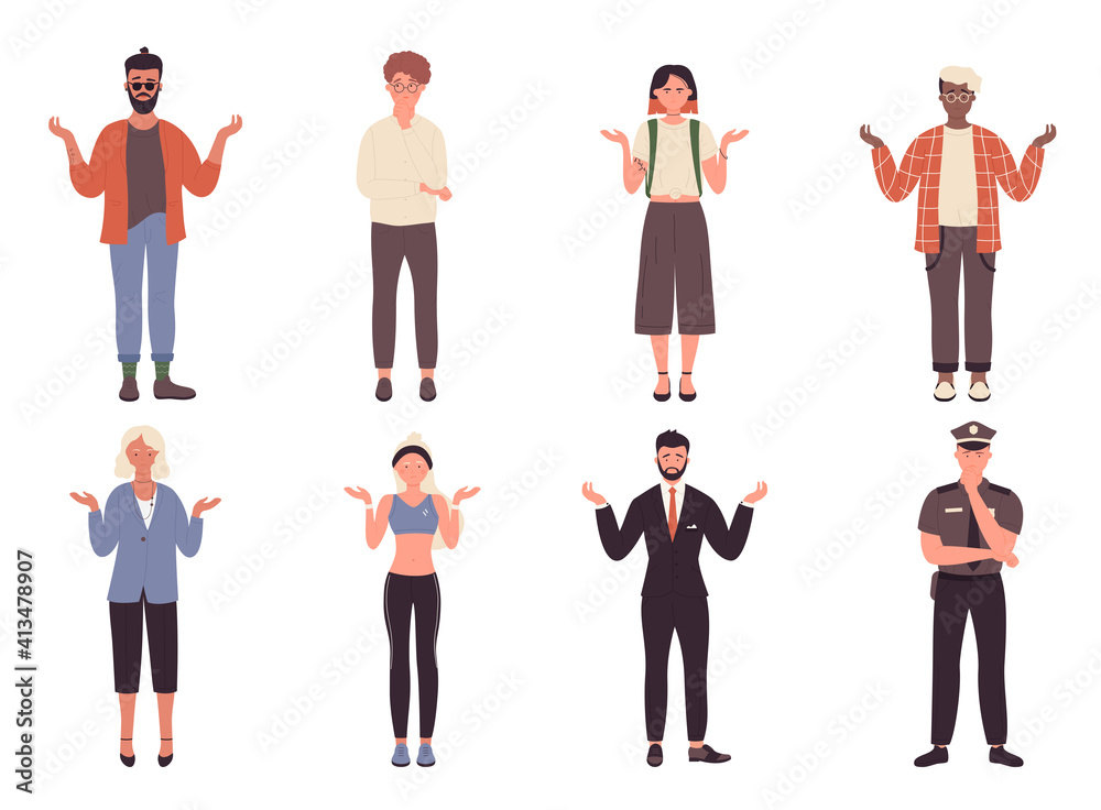 People spread hands in surprise vector illustration set. Cartoon worry sad young or old man woman characters have question, office worker or student standing with surprised face isolated on white