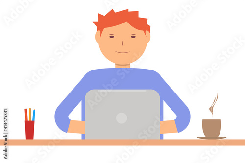 Boy with laptop sitting at table. Freelancer boy concept banner. Flat design. Stock vector illustration on white isolated background.