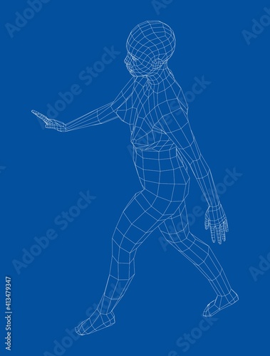 Wireframe walking woman. Vector