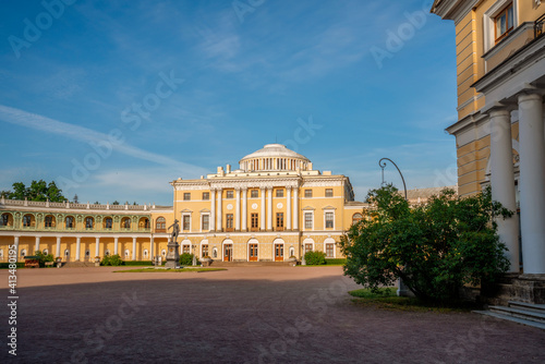 View of the Pavlovsk Palace and the monument to Emperor Paul I in the Pavlovsk Palace and Park Complex, Saint Petersburg, Russia