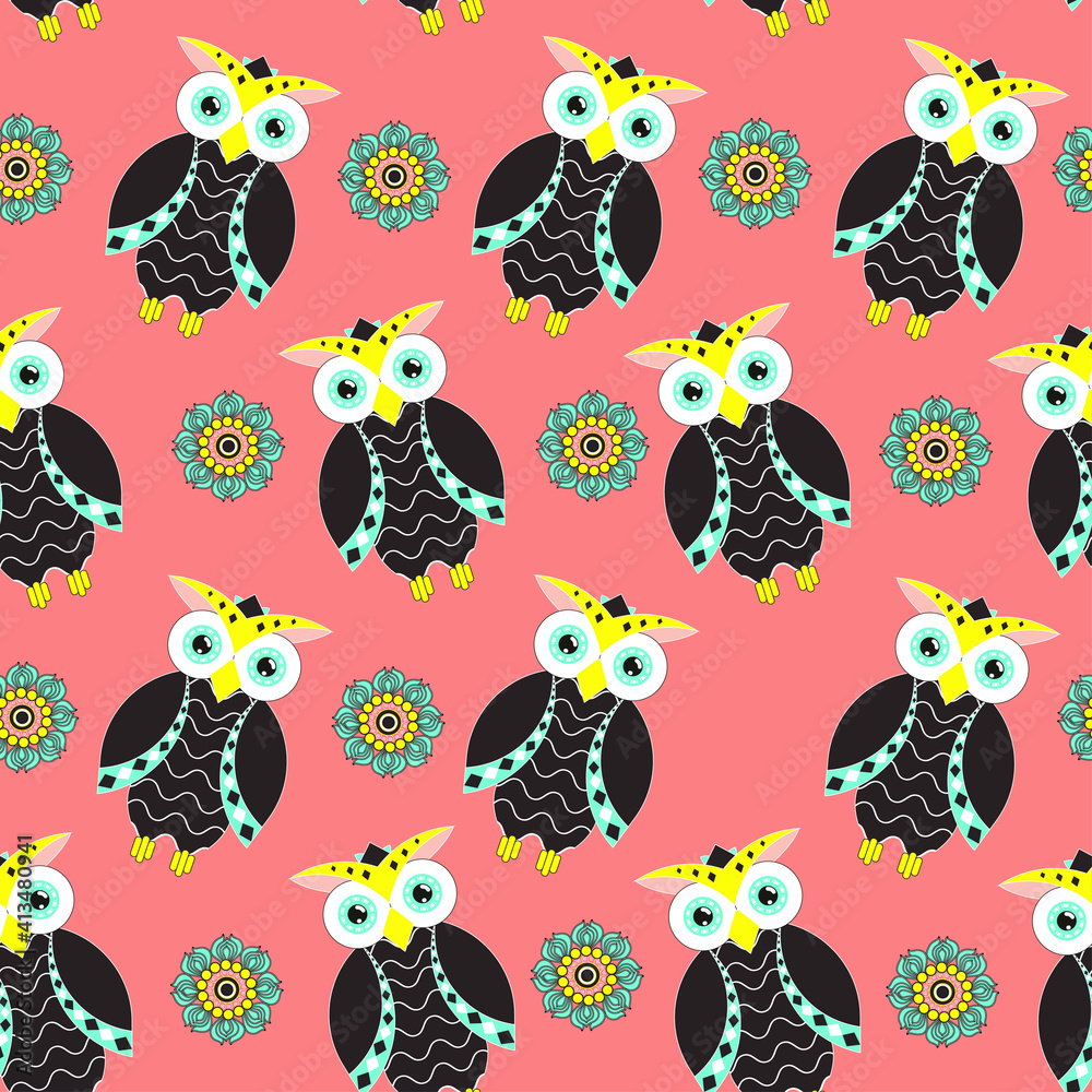 Bright vector seamless pattern with owls and flowers. Blue, pink, black. Nice background for kids. Bright vector seamless pattern with owls and flowers. Blue, pink, black. Nice background for kids.