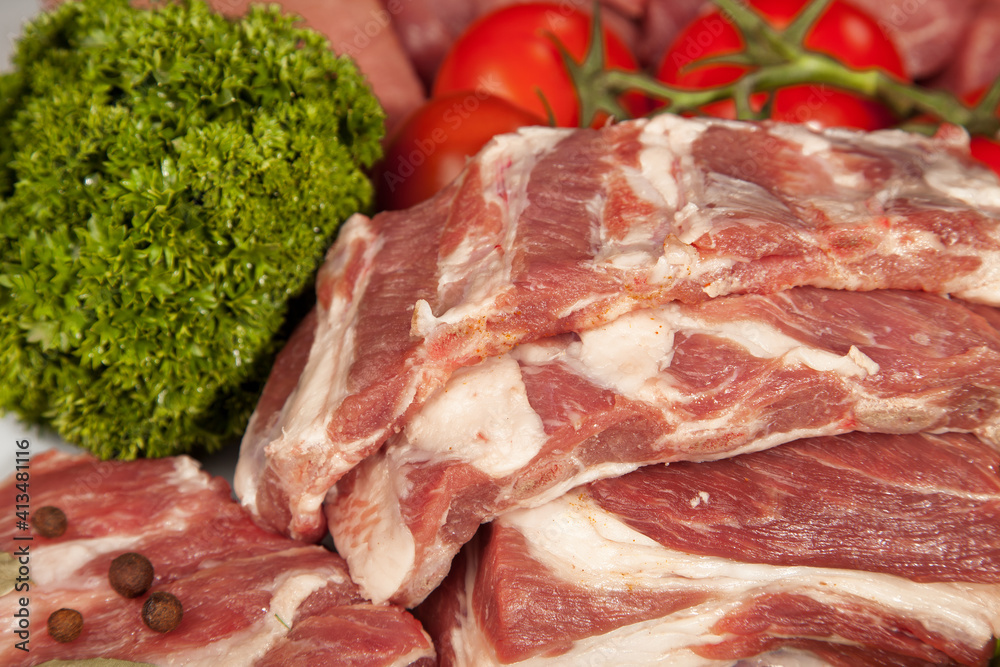 Fresh Raw Meat Background with pork edges; Beef Meat, Turkey and ground beef Fresh Raw Meat Background with pork edges; Beef Meat, Turkey and ground beef