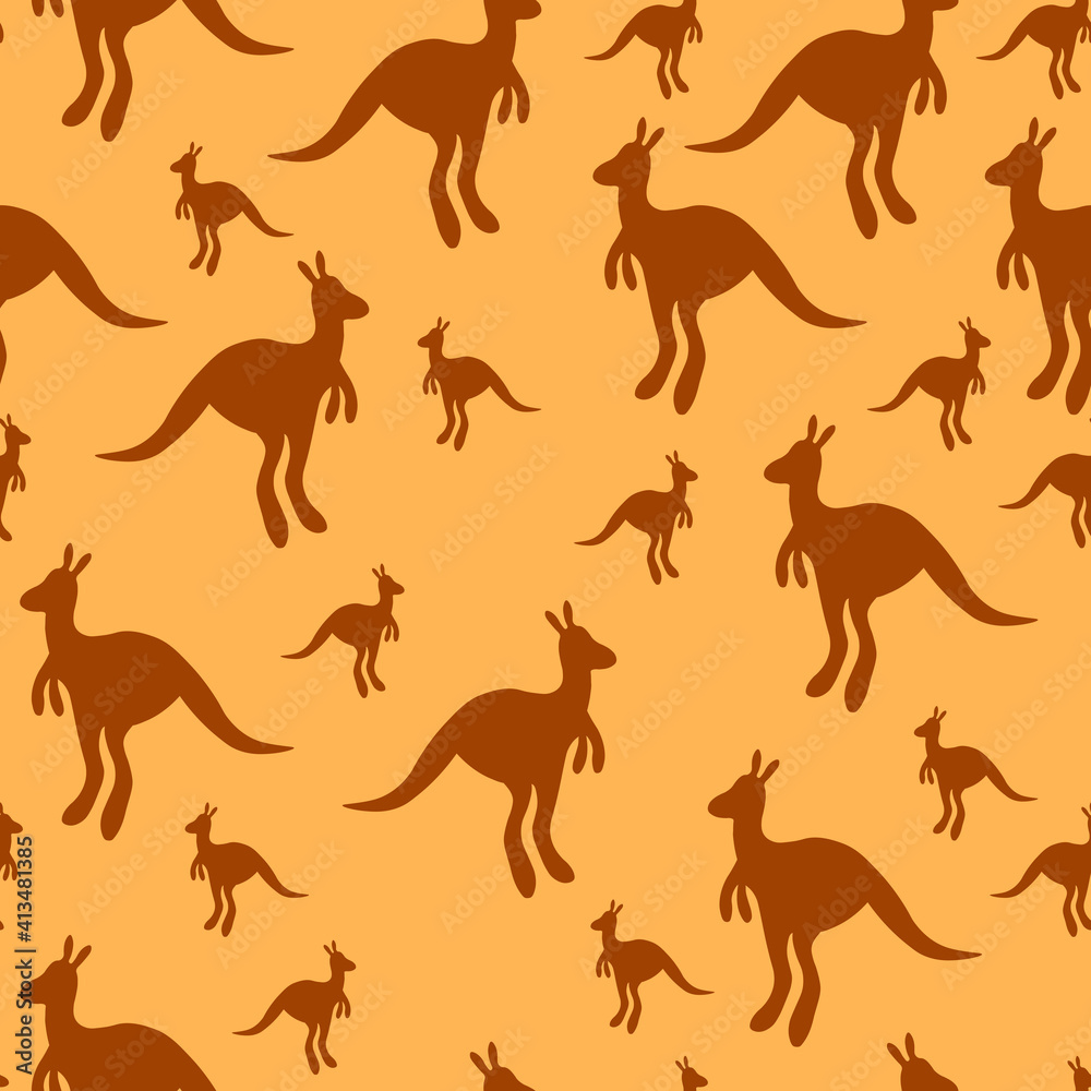 Vector flat illustration with silhouette kangaroo and baby kangaroo on fiery background. Seamless pattern on orange polka dots background. Design for textile, fabric. Pray for Australia and animals. Vector flat illustration with silhouette kangaroo and baby kangaroo on fiery background. Seamless pattern on orange polka dots background. Design for textile, fabric. Pray for Australia and animals.