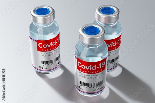 Three covid-19 / SARS-CoV-2 / coronavirus vaccine ampoules isolated on grey background - 3D illustration