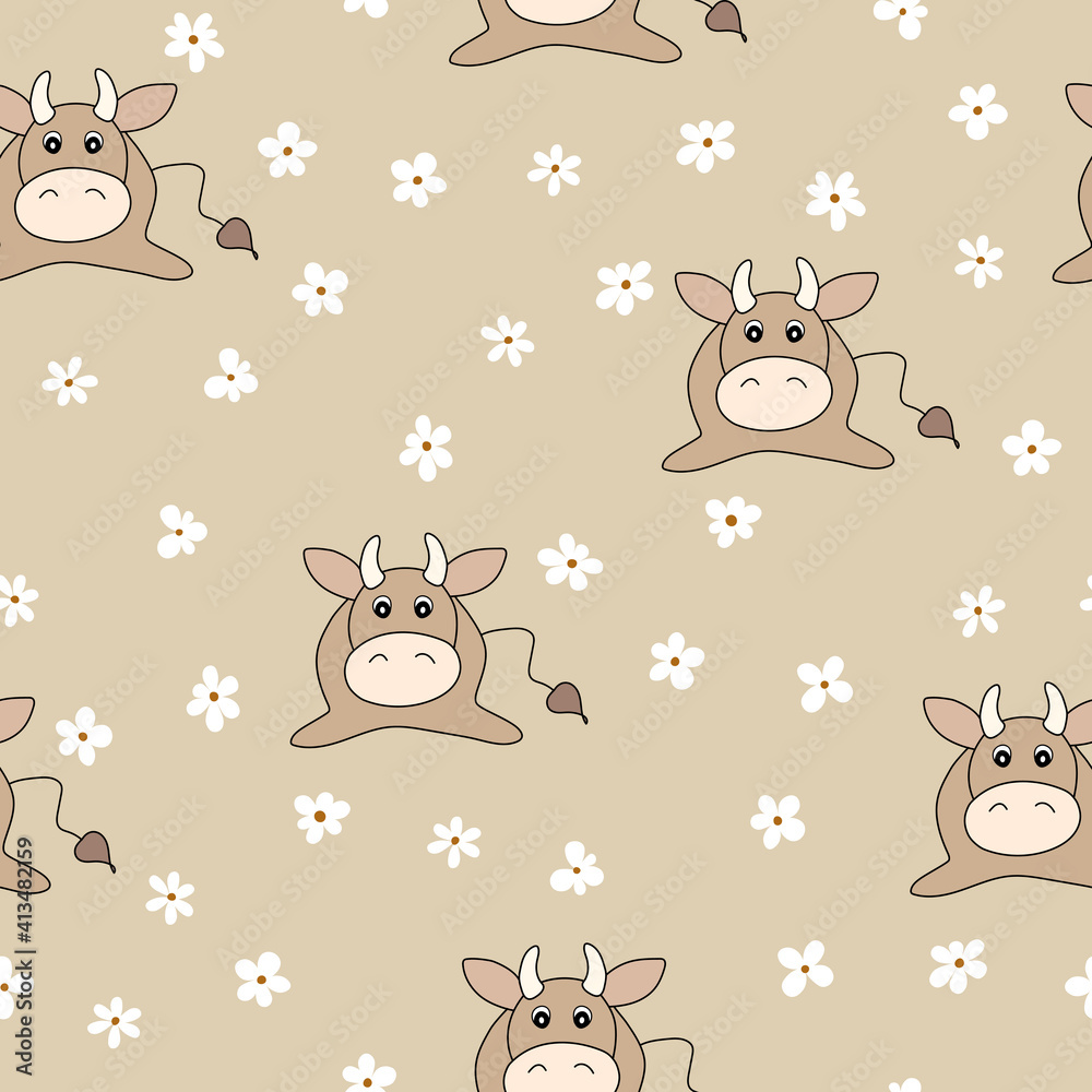 Vector flat animals colorful illustration for kids. Seamless pattern with cute bull and flowers on beige background. Cartoon adorable character. Design for textures, card, poster. Cute cow.