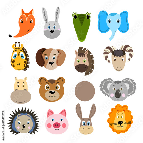 Fototapeta Naklejka Na Ścianę i Meble -  Set with colorful cute animal face. Hare, crocodile, koala, hippopotamus, bear, giraffe, horse, ram, pig, hedgehog, donkey, lion. Isolated objects. Cartoon flat illustration. Template icon, sticker.