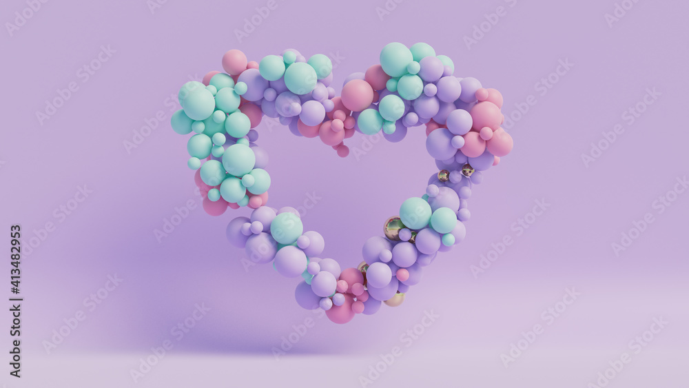 Multicolored Balloon Love Heart. Pink, Violet and Turquoise Balloons arranged in a heart shape. 3D Render Multicolored Balloon Love Heart. Pink, Violet and Turquoise Balloons arranged in a heart shape. 3D Render