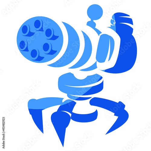 blue machine gun stands on hybrid legs