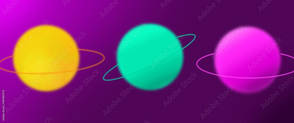A collection of abstract planets in yellow, turquoise and purple