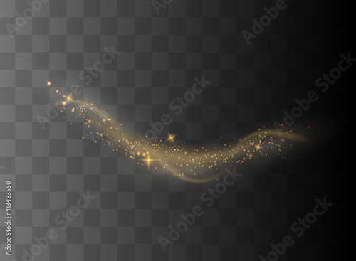 The dust sparks and golden stars shine with special light. Vector sparkles on a transparent background. Christmas light effect.