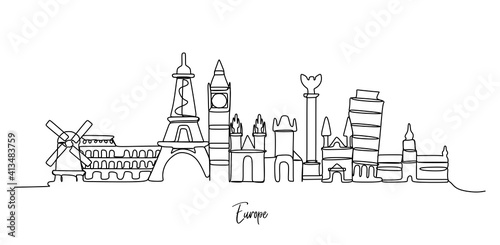 Europe famous landmarks - Continuous one line drawing