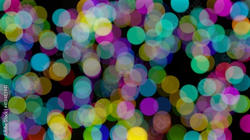 Abstract bokeh background animation, blurry colorful circles glittering on black, 4K interesting animation.