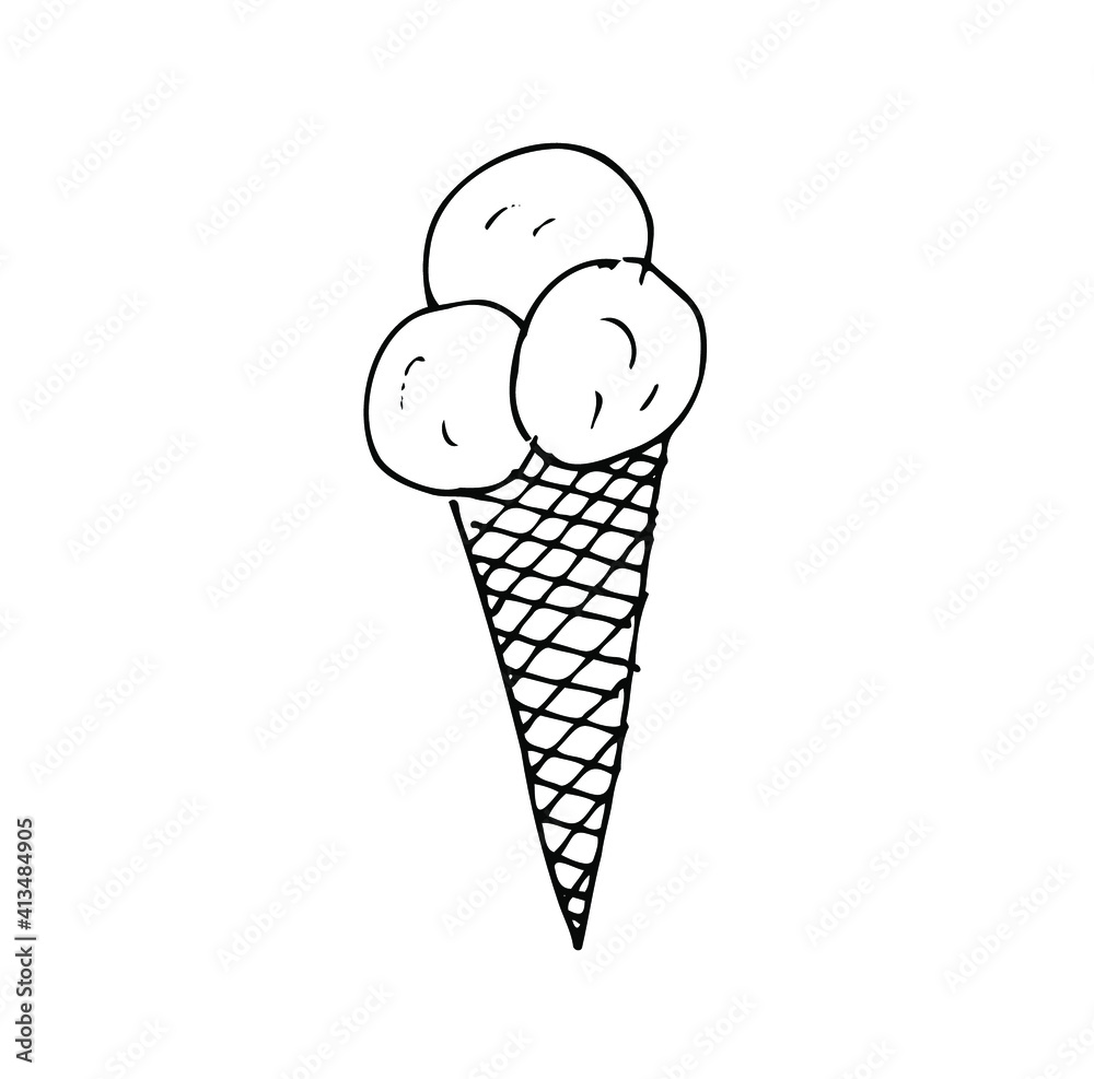 Vector Ice cream with three balls isolated on the white background for menu cafe, bar, children food, restaurant