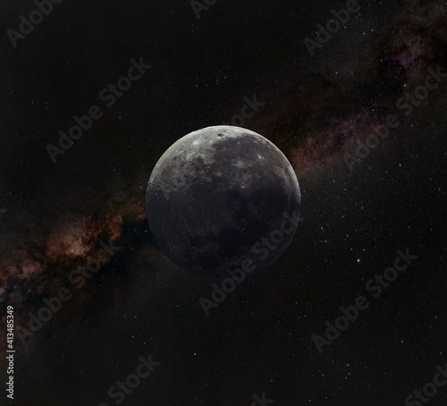 The moon in space on the background of the Milky Way. A satellite of the Earth 3D. The foreground is out of focus. © Aleksey