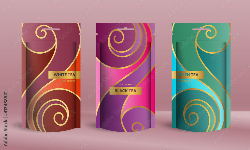 Colorful tea packaging design with zip pouch bag mockup. Vector ...