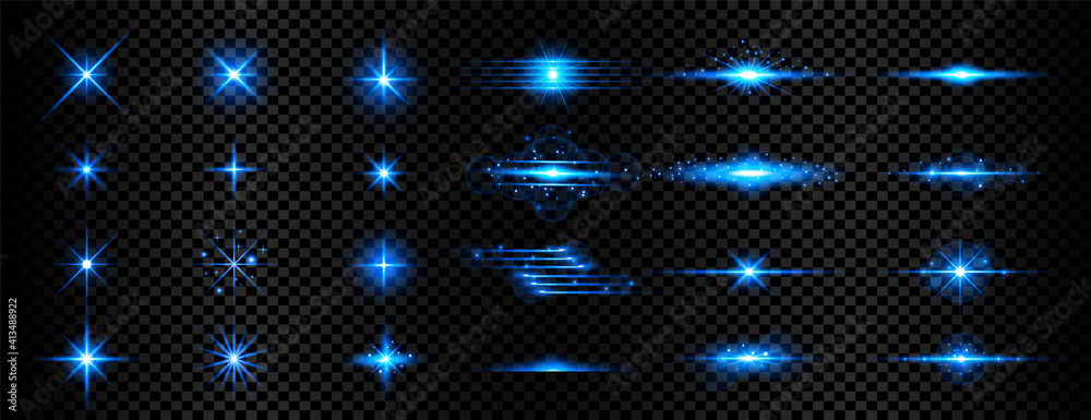 set of transparent blue light streak and lens flares