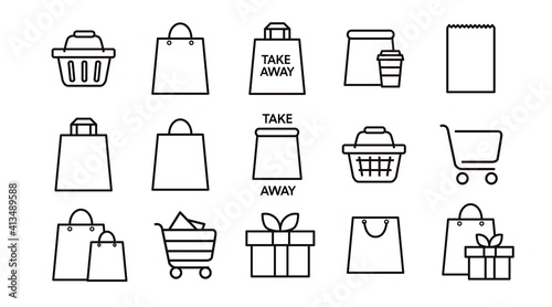 Black and White Shopping Icon Set, with Shopping Bags and Carts. Vector Isolated Illustration