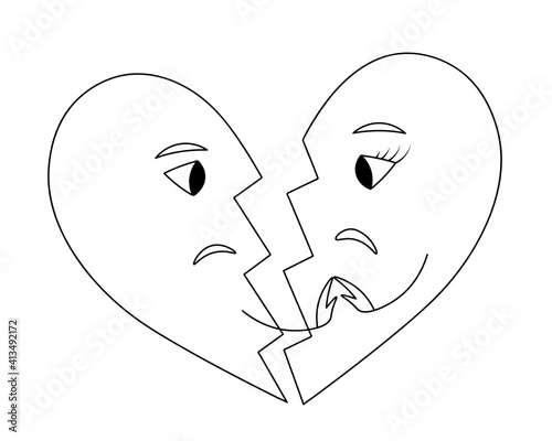 Two halves of a broken heart. Sketch. A crack in the middle of a love symbol. Vector illustration. Isolated white background. Coloring book for children. Valentines Day. Save love. Sadness in the eyes