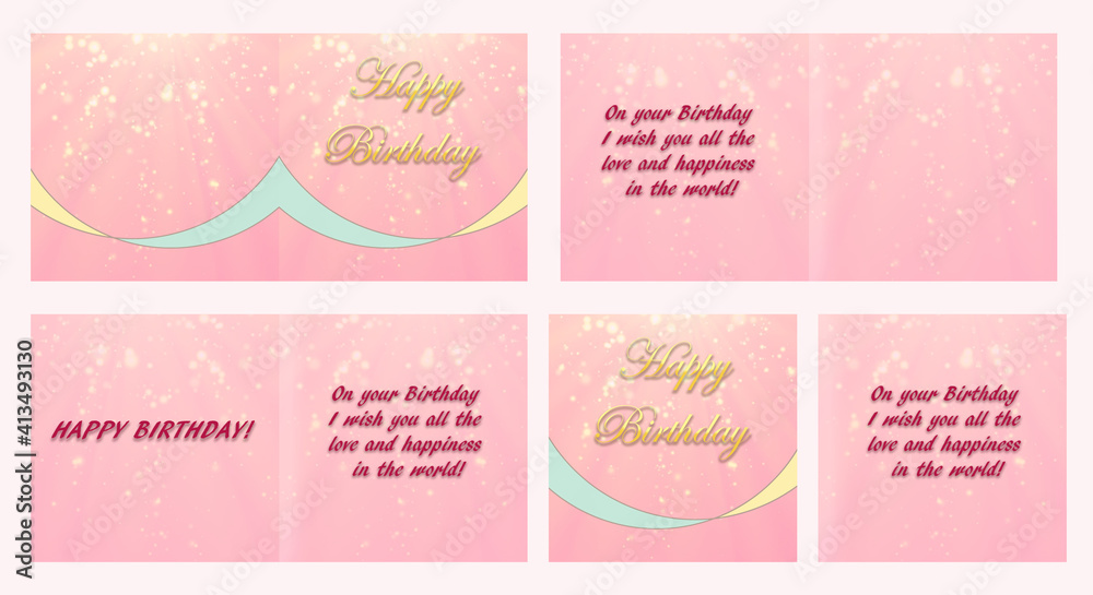 Set of birthday greeting cards design. Double-sided card with birthday wishes. 