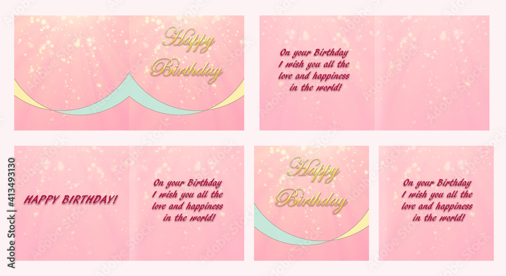 Set of birthday greeting cards design. Double-sided card with birthday wishes. Set of birthday greeting cards design. Double-sided card with birthday wishes.