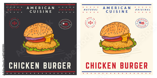 Chicken burger tasty vintage american style illustration for menu