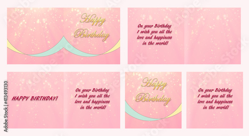 Set of birthday greeting cards design. Double-sided card with birthday wishes. 