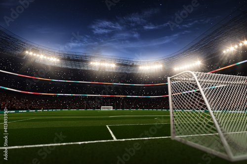 Empty goals at soccer stadium at night 3d render