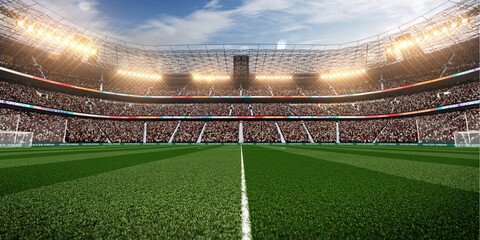 Empty soccer stadium with fans in the evening light