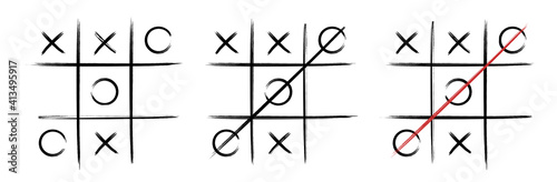 Tic tac toe in Hand drawn style. Doodle black line tic tac toe templates isolated on white background. Vector illustration.