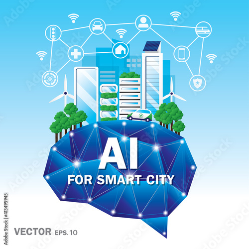 Smart city on Artificial Intelligence brain illustration vector.